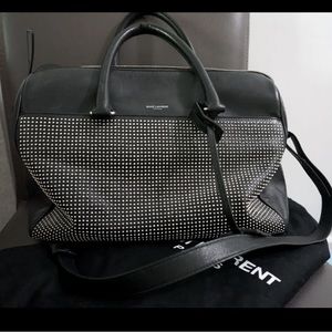 Saint Laurent Black Leather Studded Duffel 6 Shoulder Bag Purse Silver